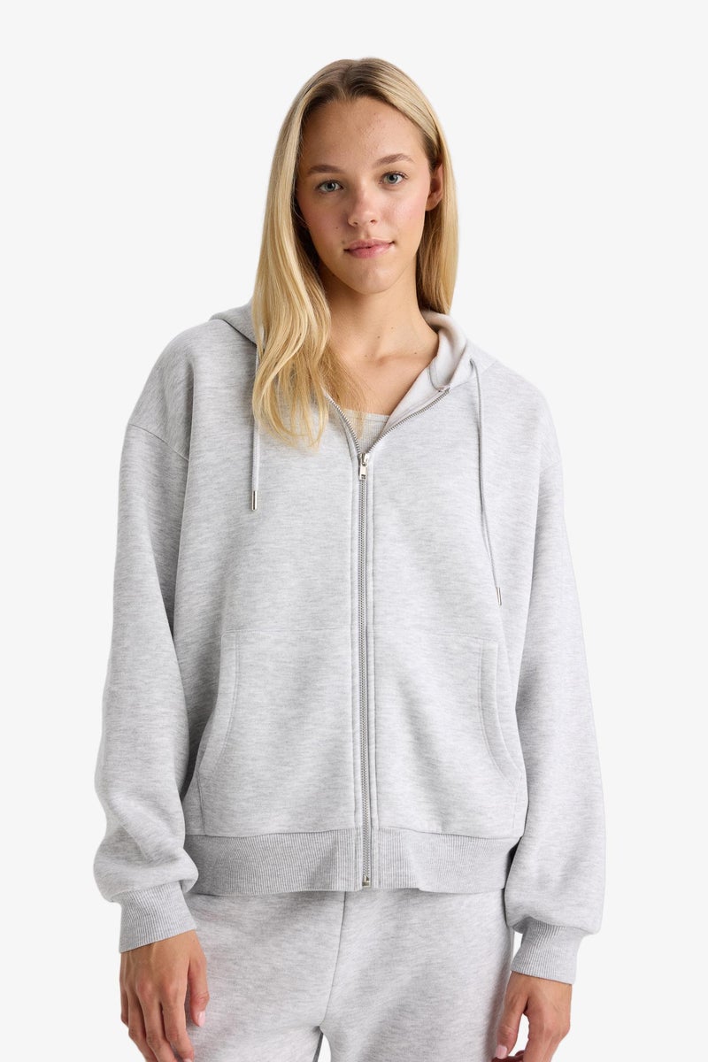 DeFacto Grey Woman Relax Fit Basic Thick Fabric Zip-Up Hoodie Casual - Image 4